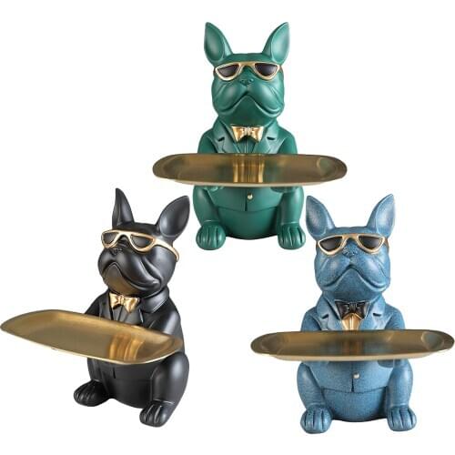Bulldog Statue Storage Tray Resin Art Home Decoration Sculpture Figurine Animal Lover Collection