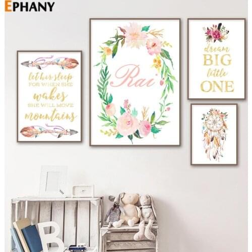 Baby Nursery Girl Wall Art Custom Name Canvas Poster Print Painting Nordic Scandinavian Watecolor Child Bedroom Decoration