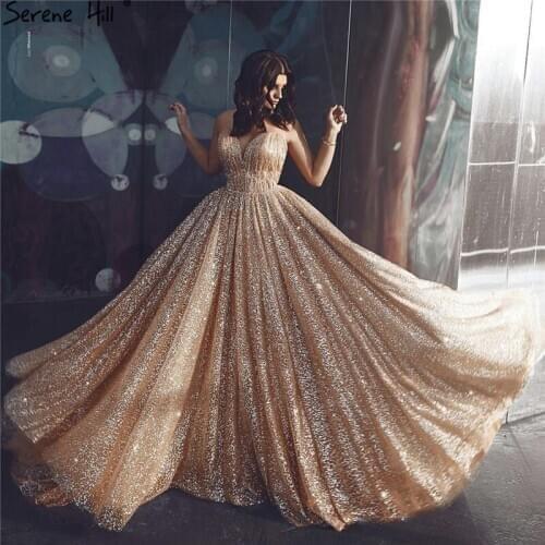 Dubai Gold Backless Glitter Sexy Evening Dresses 2020 Luxury Sleeveless Beach Evening Gowns Serene Hill LA60854