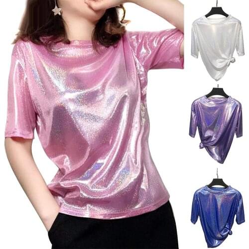 Women Casual T-shirts, Sparkly Sequin Tunic Women Casual Solid Color O Neck Short Sleeve Shiny Loose Bottoming Top T-shirt