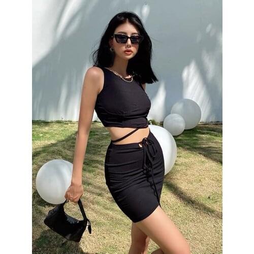 Summer Outfits 2021 2 Piece Set Women Skirt And Top Sexy laced up tied Black Tank Top Tight Mini Skirts Yk2 Women Casual