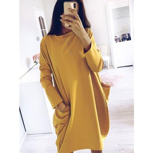 Fashion Women Autumn Loose Mini Dress Elegant long Sleeve Ladies Casual Plain Dresses With Pockets Dames Classic Streetwear