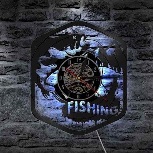 Fish Fishing Wall Art Clock Silent Vintage Vinyl Record Wall Clock Fisherman Man Cave Home Decor Fisherman Fishing Lovers Gift
