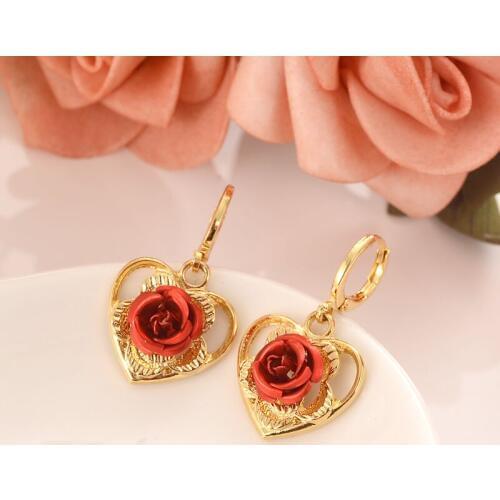 NEW ARRIVAL 18 k YELLOW GOLD FILLED STUD EARRING WITH RED ROSE FLOWER HEART DESIGN
