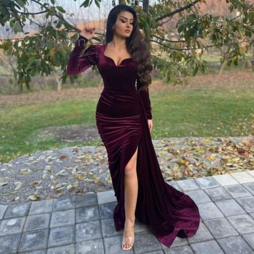Charming Mermaid Velvet Evening Dress Long Sleeve High Slit Prom Dress 2020 Slim Plus Size Cheap Night Dance Party Evening Gown