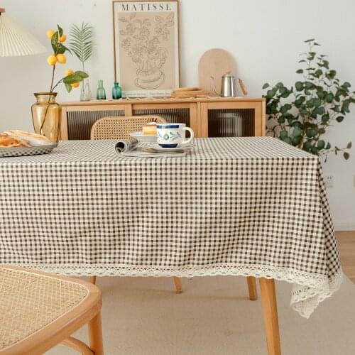 Pastoral Cotton and Linen plaid table cloth with lace coffee color