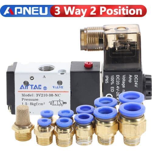 Pneumatic Fittings 3 Way 2 Position Air Directional Control Solenoid Valve 3V210-08 DC12V DC24V AC110V AC220V Muffler