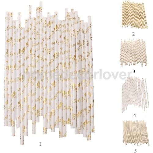 25Pcs Golden Foil Print Theme Summer Decor Wedding Party Festive Decor Cocktail Juice Drinking Straws