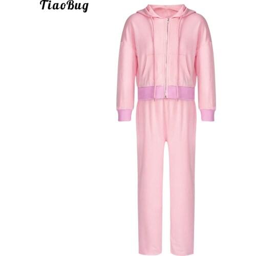 TiaoBug Spring Autumn 2Pcs Kids Girls Sportsuit Hooded Hoodie Long Sleeves Front Zipper Closure Sweatshirt Top Pants Sets