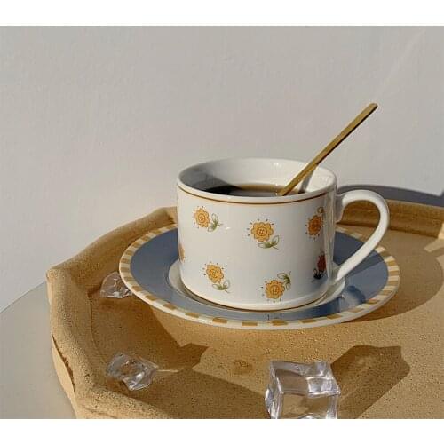 YOMDID Flowers Pattern Coffee Cup Saucer Ceramic Milk Tea Drinking Cup Practical Coffee Mug Cup Set Durable Kitchen Drinkware
