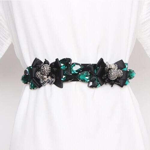 Womens runway fashion rhinestone beaded elastic Cummerbunds female Dress Corsets Waistband Belts decoration wide belt R2967