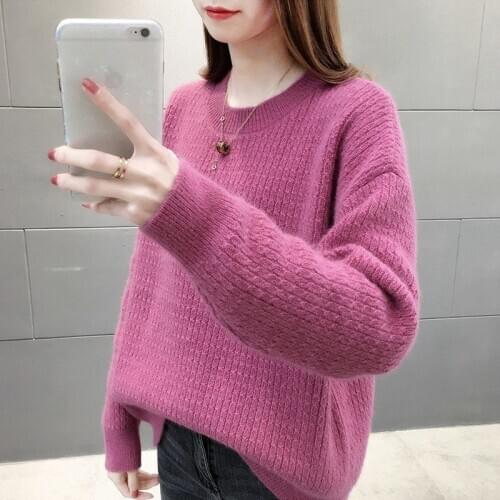 Womens Loose Korean Autumn And Winter Sweater Pullover Soild Color Long Sleeve Knitted Base Sweatershirt