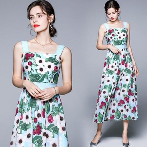 Runway Summer Women Elegant Holiday Dress Vindage Spaghetti Strap Sleeveless Flower Print Bohemian Slim Midi Dress Vestidos