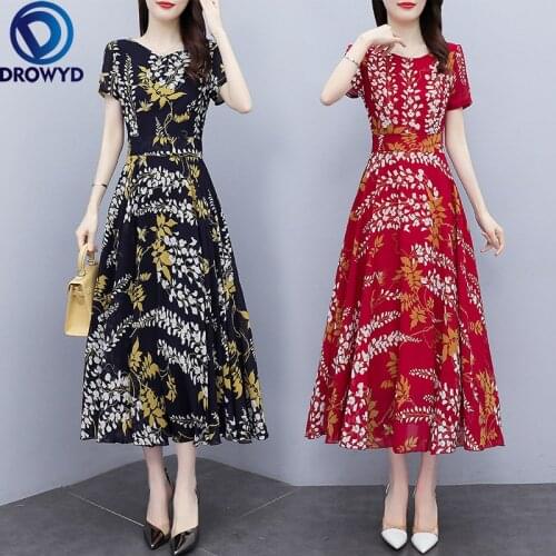 2021 Summer Boho Beach Maxi Dress for Women Fashion Vacation Print O-neck Short Sleeve Dress Elegant Red Floral Chiffon Vestidos