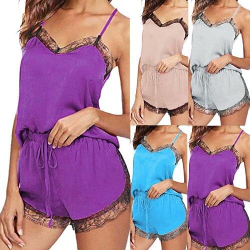 2020 Sexy Women Sleepwear Sleeveless Strap Nightwear Lace Trim Satin Cami Top Pajama Sets Multiple colors and sizes available T5