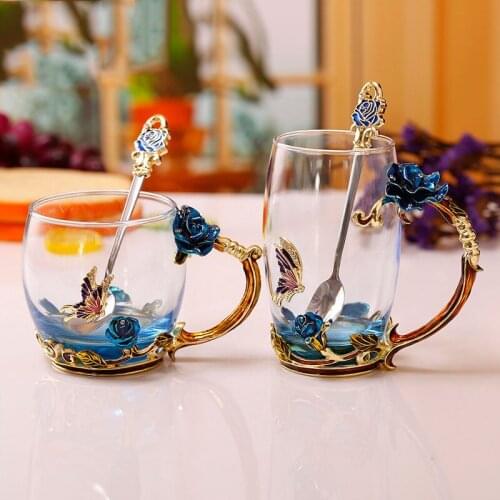 330/350ml Creative Classical 3D Rose Butterfly Carved Enamel Crystal Glass Cups Heat-resistant TeacupLuxury Wedding Gift