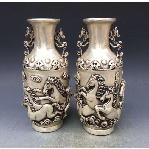 Antique QingDynasty silver vase,horse bottle,a pair, Hand carved crafts,Decoration,collection &Adornment,Free shipping