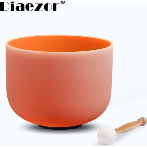 Diaezor 10 Inch CDEFGAB notes 440Hz Chakra Orange Colored Frosted Quartz Crystal Singing Bowl for Meditation sound healing