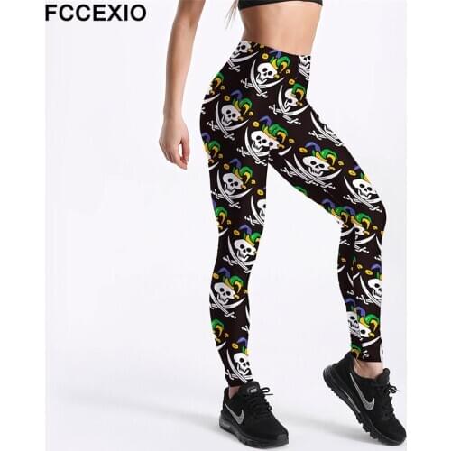 FCCEXIO Sportswear Halloween Skull Women Fitness Workout Fashion Leggings Digital Print Push Up Women Elastic Force Legging
