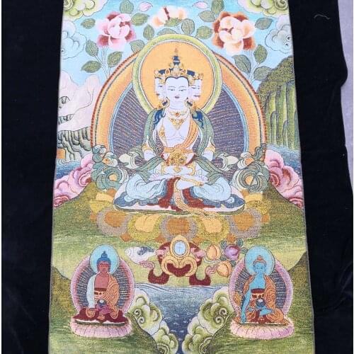 China Old Tibet Silk Embroidery Thangka Painting Tibetan Buddhas Fengshui Wealth Statue#2