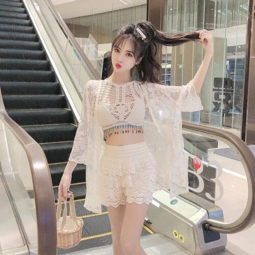 3pcs Set) Woman Summer Lace Floral Shorts Summer New Ladies Mini Lace Crochet Flower Tiered Women Shorts Summer Clothing