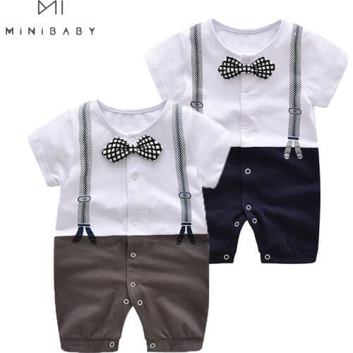 Newborn Baby Boy Costumes Summer New Arrival Short Sleeve Tie Gentleman Jumpsuit O-neck Cute Rompers For Baby Toddler Outfit
