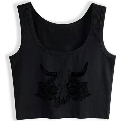 Crop Top Female Cow skull and flowers Fashion Black Print Tank Top Women