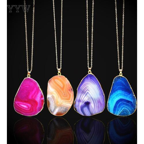 Fashion Natural Stone Pendant Necklace For Women Men Jewelry 35mm Colorful Agates Slice With Gold Fill Long Chain Collier Femme
