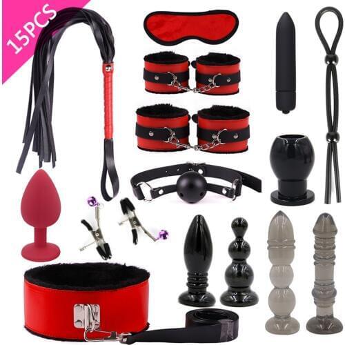 7/8/11/15pcs BDSM Bondage Kits Handcuffs Whip Collar Nipple Clamps Whip Anal Plug Vibrator Butt Plug Adult Games SM Sex Toys