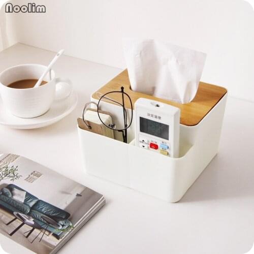 NOOLIM Bamboo Tissue Box Multi-purpose Office Desk Organizer Tissue Cover with Storage Case Napkins Remote Control Holder