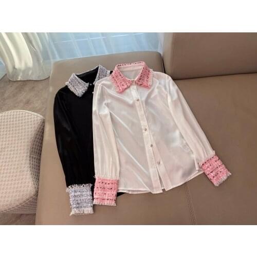 New ladies fashion 2021 long sleeve sexy casual woven tweed stitching silk metal buttoned shirt top 1230