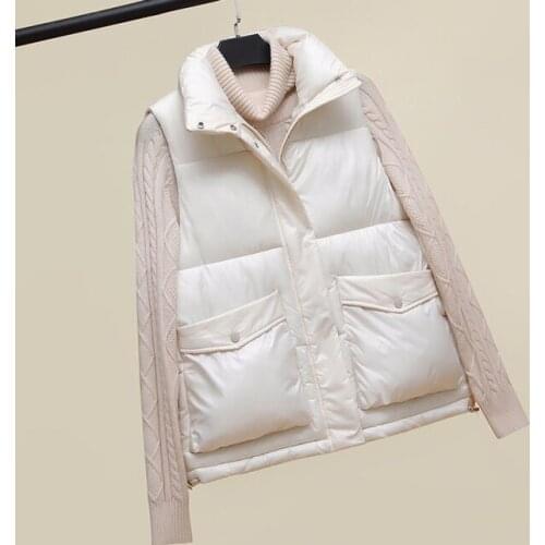 2021 New Womens Autumn Winter Down Cotton Stand Collar Bright Fabric Vest Zipper Girls Leisure Vest Outdoor Warm Coat White