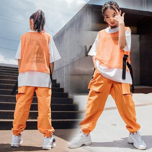 New Girls Hip-Hop Jazz Dance Costume ChildrenS Orange Hiphop Vest Loose Pants Suit Performance Costume Stage Outfits DN9000