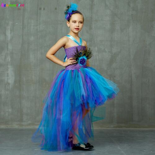 Peacock Tutu Costume Dress Child Girls Pageant Prom Ball Gown Princess Peacock Feather Halloween Birthday Party Train Dress