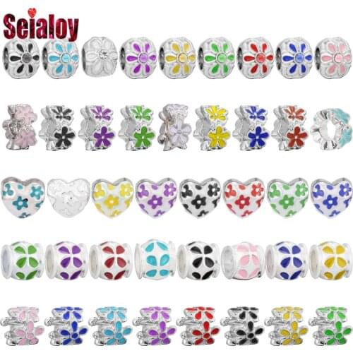 Seialoy 2pcs Daisy Flower Beaded 9 Color Enamel Flower Beads Lucky Charm Fit Brands Charms Bracelets Diy Women Jewelry Making