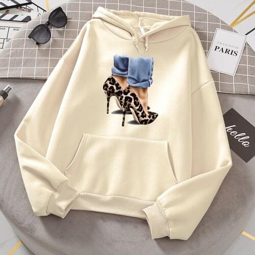 Sexy Leopard High Heels Printing Womens Hoodie Autumn Casual Clothes Fashion Crewneck Pullover Tops Warm Oversize Sweatshirts