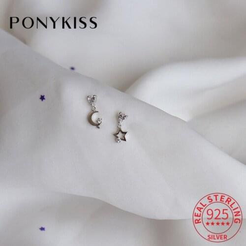 PONYKISS Trendy 925 Sterling Silver Asymmetry Moon Star Zircon 14K Gold Stud Earrings For Women Lovely Fine Jewlry Drop Shipping