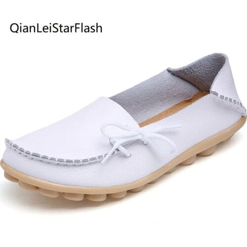 Women Flats Fashion Cow Leather Flats Women Slip on Womens Loafers Female Comfort Shoes Large Size 34-44