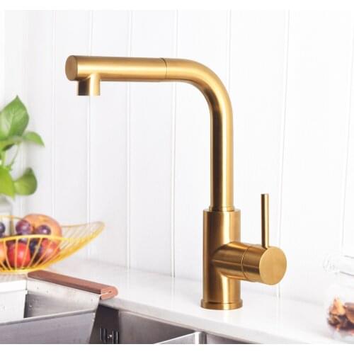 Trywell Pull Out Down Kitchen Sink Faucet Brushed Golden with Extension Sprayer One Hole Single Handle Long Spout Reach