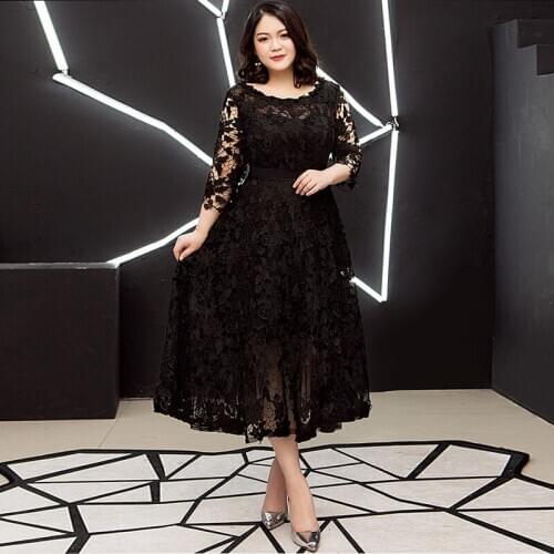 Prom Dresses A-Line Tea-Length Women Party Night Lace Three Quarter Regular Plus Size Embroidery O-neck Formal Party Dress D070