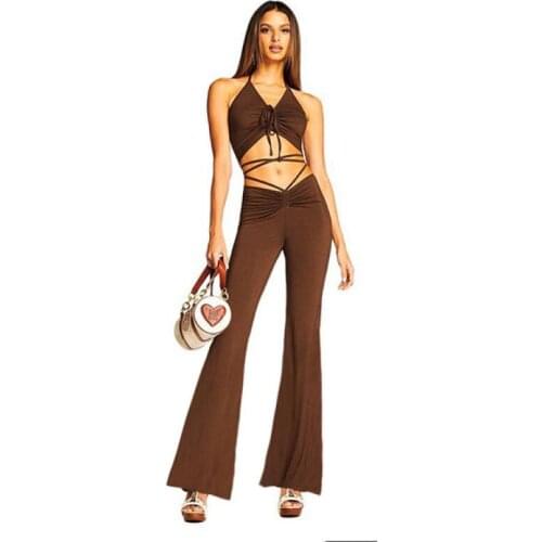Womens Clothing Summer 2021 Crop Top Suit Pants Matching Suit Womens Pantsuit Tight-Fitting Hollow Sexy Two Piece Set Women
