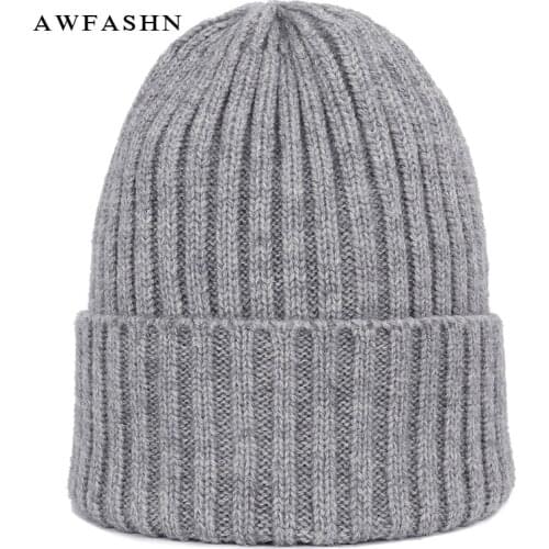 2019 New Winter Solid Color Wool Knit Beanie Women Fashion Casual Hat Warm Female Soft Thicken Hedging Cap Slouchy Bonnet Ski