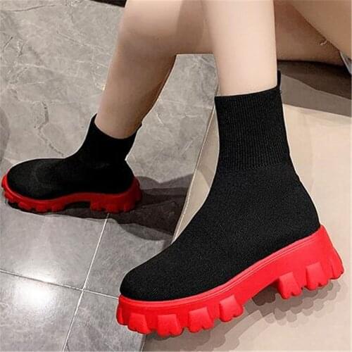 2021 Red Chunky Sole Platform Sock Boots Stretch Fabric Shoes Women Short Tube Thick Heel Chelsea Biker Booties Large Size 35-43