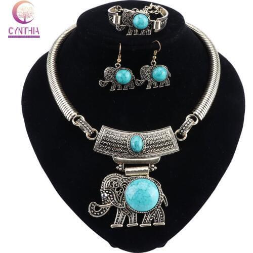 Elephant Pendant Green Stone Jewelry Sets Vintage Necklace Earrings Bracelet For Women Fashion Party Fashion Jewelry