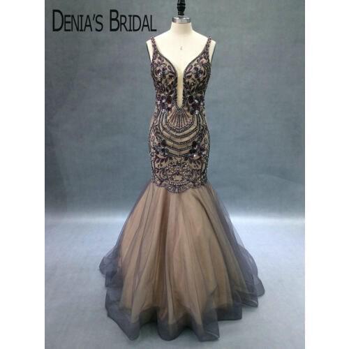 Real Image Plunging V-Neck Evening Dresses Mermaid Embroidery Beads With Sequins Crystals Sexy Backless Glittre Prom Gowns