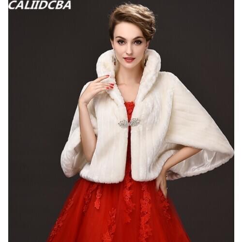 Winter Shawl Bridal Wedding Warm White Fur Cape Shawl Faux Fur Jacket Cloaks Outwear Coat Wedding Wraps Crystal Faux Fur Jacket