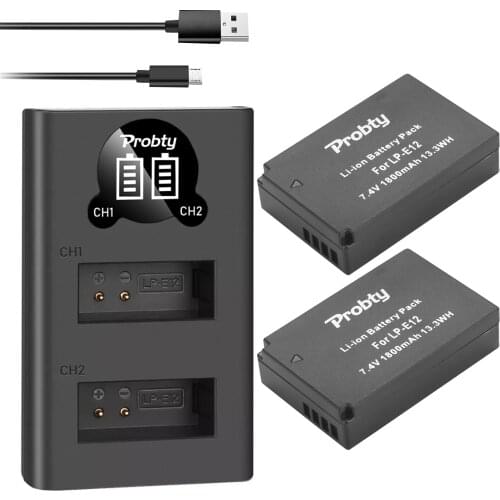 2Pcs 1800mAh LP-E12 LP E12 LPE12 Li-ion Battery + LED USB Dual Charger for Canon EOS M50, EOS M100,100D Kiss X7 Rebel SL1 Camera