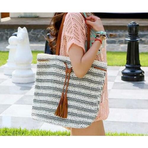 Aaby 2018 Summer Big Striped Straw Woven Handmade Handbag High Capacity Tassel Straw Beach Bag For Women