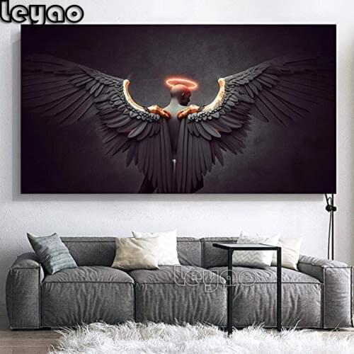 5D Diy Diamond Painting Cross Stitch Kits Diamond Mosaic Embroidery Nude Winged Angel with Black Wings 3d Painting Round Drill