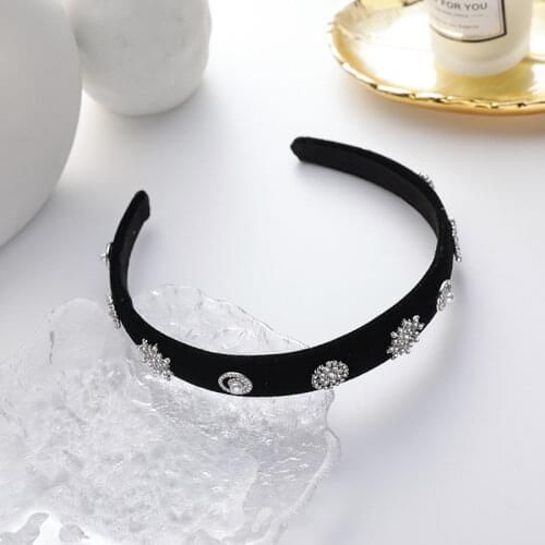 Retro Bling Rhinestones Snowflake Hair Hoop Hair Accessories Temperament Black Velvet Bowknot Wide Brimmed Hair Band for Women